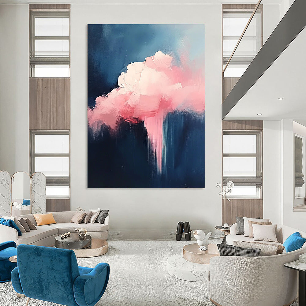 Large abstract painting featuring a pink cloud against a minimalist dark blue background with bold brush strokes.STSC671