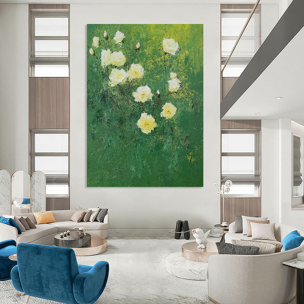 Large abstract painting of white roses on green background featuring bold brush strokes in impressionist style with green and yellow hues.STSC1152