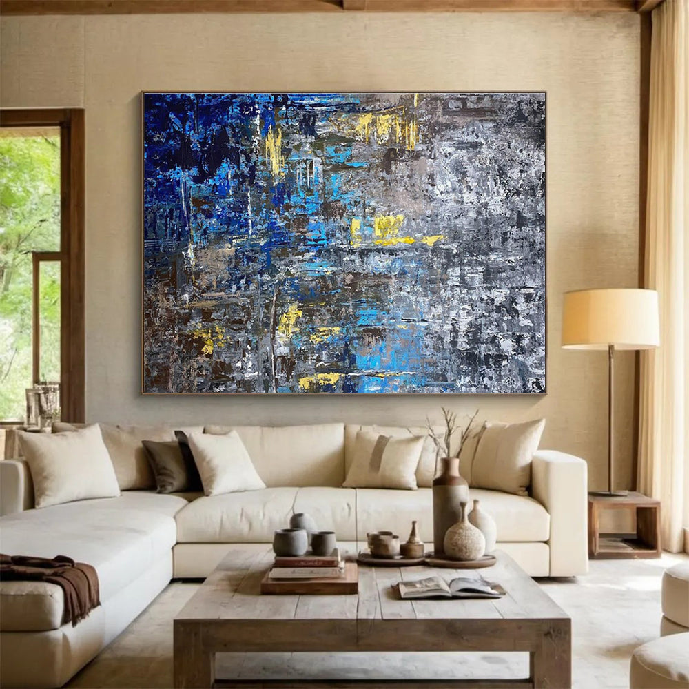 Blue Yellow Gray Abstract Painting with Urban, Industrial Inspirations THY379
