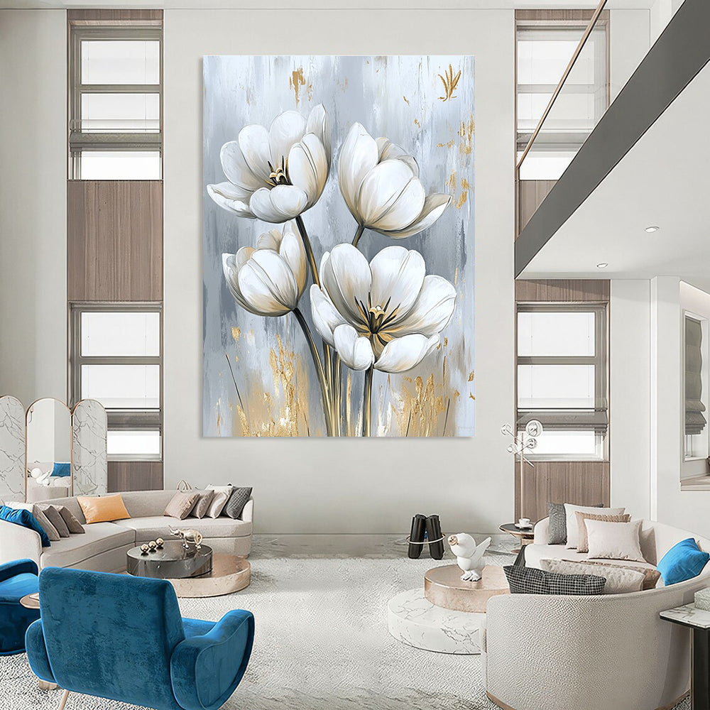 Large abstract painting featuring white tulips with delicate petals and gold embellishments perfect for elegant home interior design.STSC1478