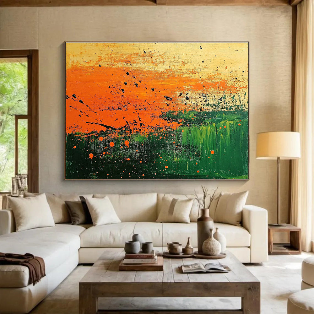 Orange and Green Splatter Abstract Painting with Dynamic Textures DYP250