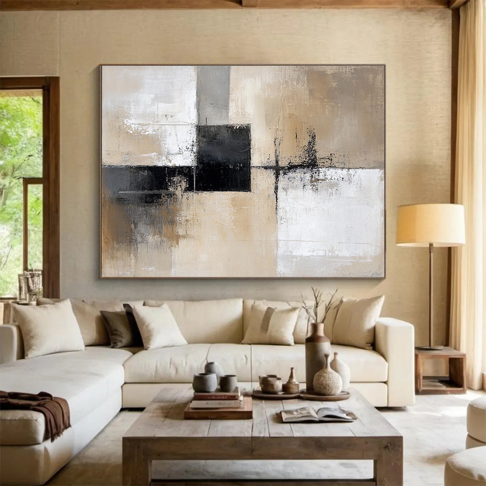 Neutral Geometric Abstract Painting with Beige and Black Tones DYP527
