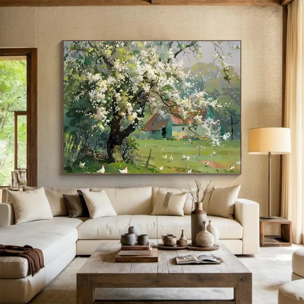 Spring Farmhouse Abstract Painting with White, Green, and Blue Tones THY215