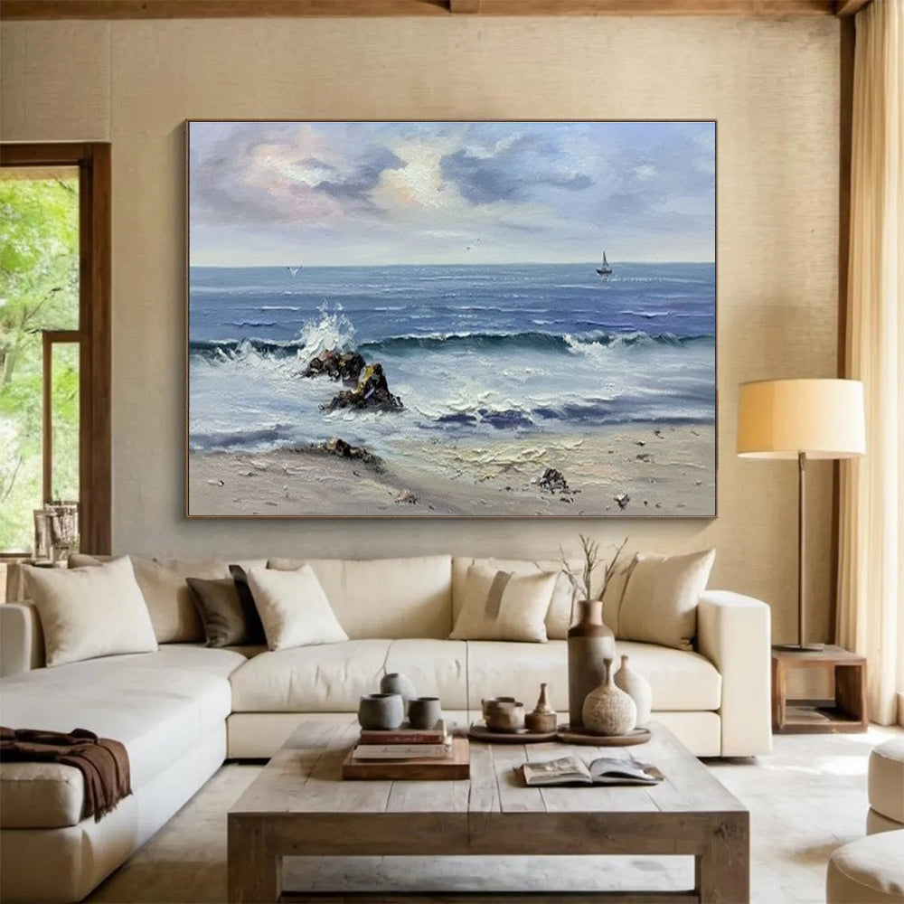 Seaside Wave Abstract Painting with Blue, White, and Grey Tones THY190
