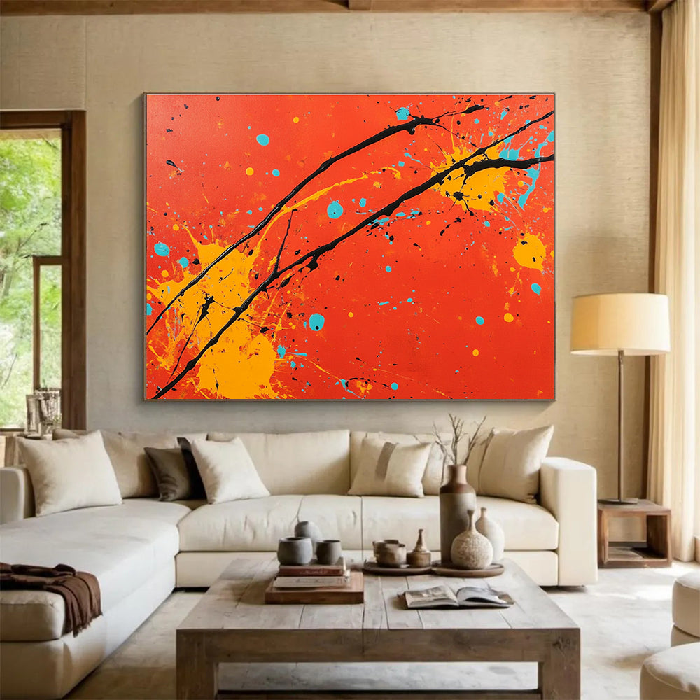 An abstract painting featuring a red background with orange and yellow splashes black lines and light blue accents in the style of Jackson Pollock.SC531