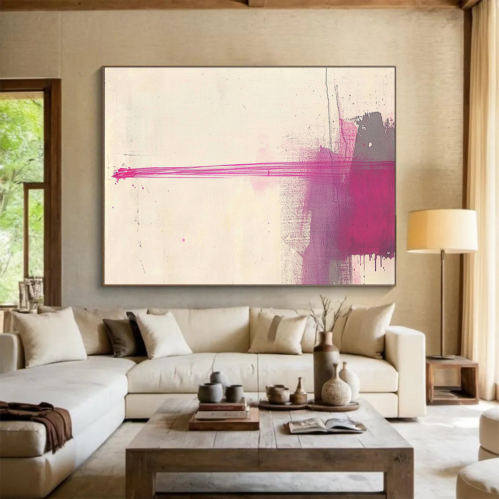 A large abstract painting featuring an elongated red line against a light beige background, creating elegance through simplicity and depth in minimalistic design.SC550
