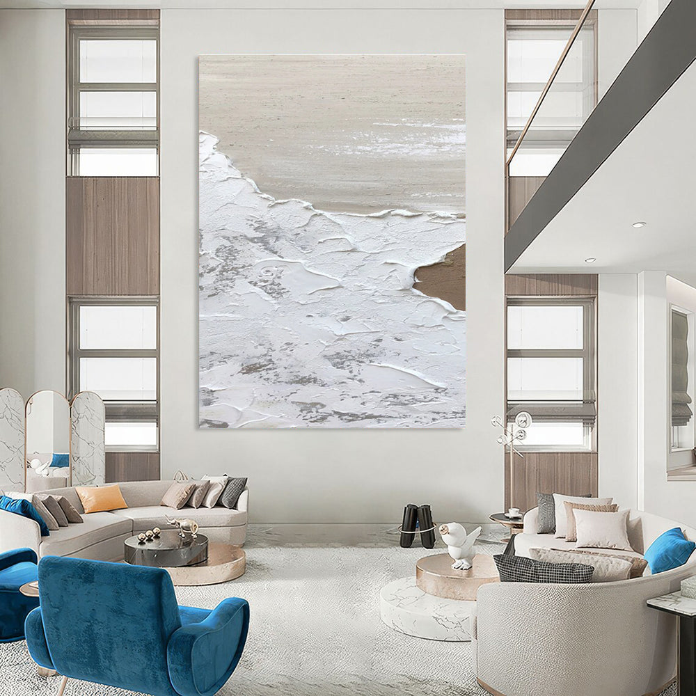 Beige and White Textured Abstract Painting with Layered Effects ADGE374