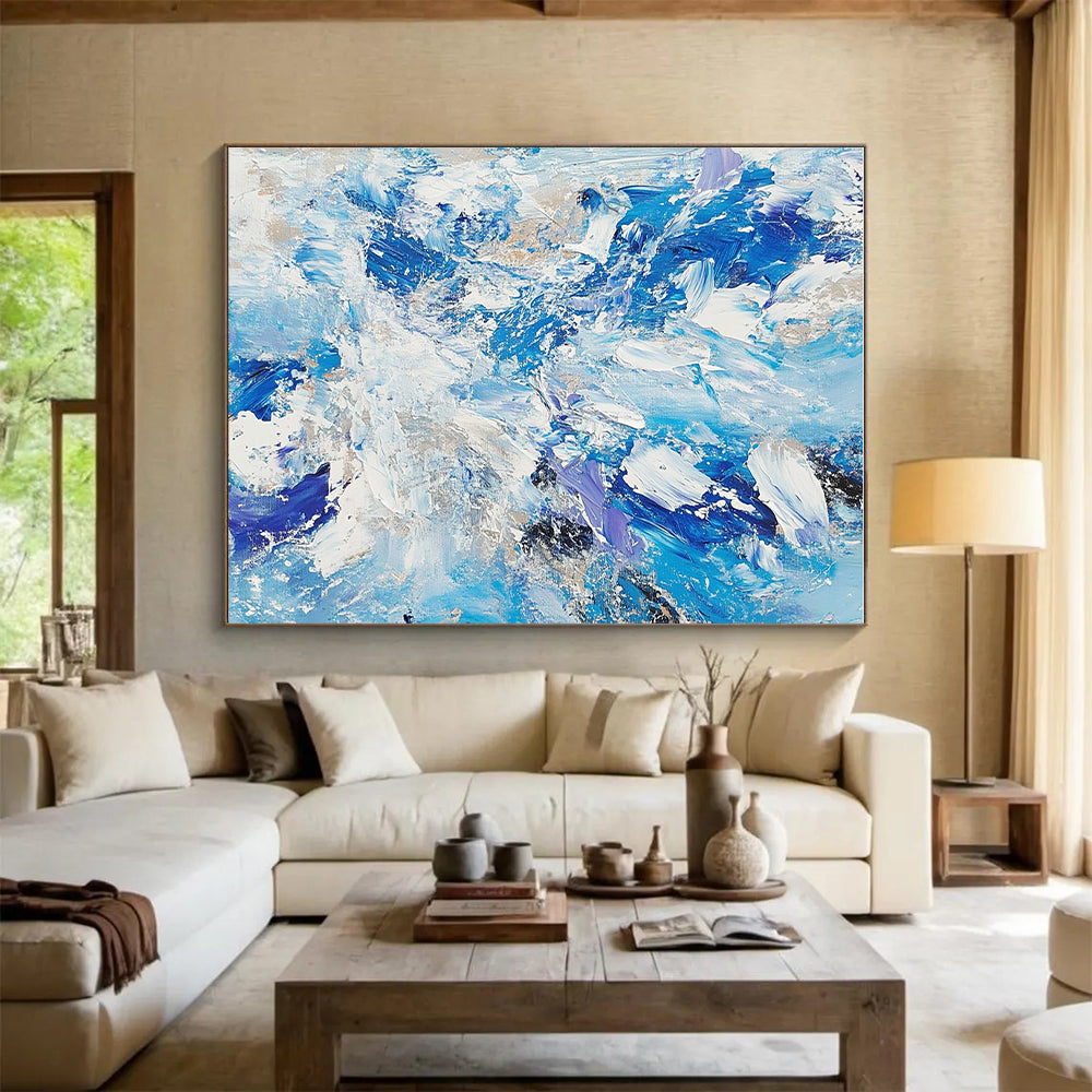 Blue White Purple Abstract Painting with Dynamic Brushstrokes GER516
