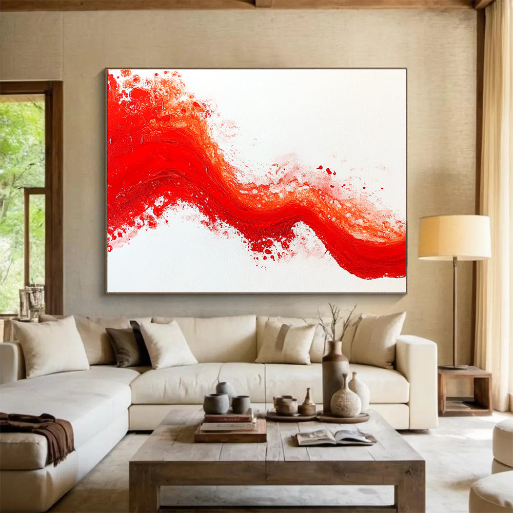 Red Wave on White Background Abstract Painting with Textured Brushstrokes DYP200