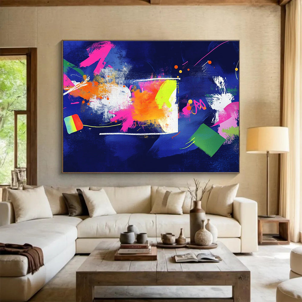 A large abstract art piece featuring bold colors and geometric shapes, creating an energetic atmosphere that inspires knowledge and creativity.SC460