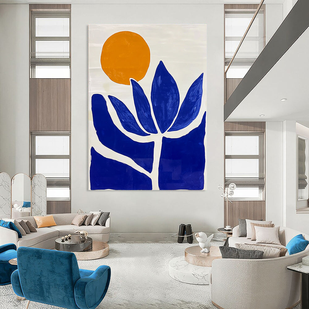 Large abstract painting featuring minimalist blue and white Matisse-inspired shapes and a vibrant orange sun with a blue lotus flower.STSC1332