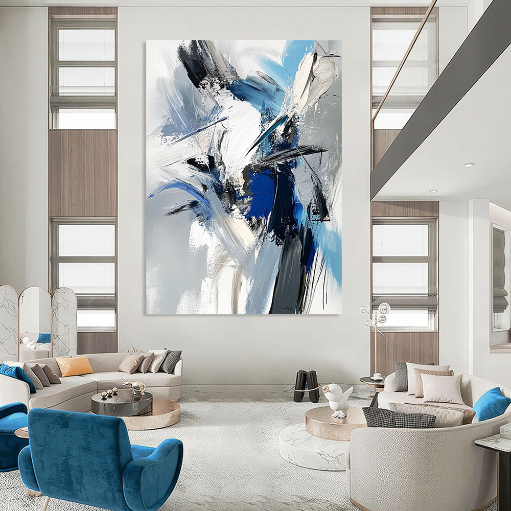 Large abstract painting featuring a dynamic human figure in white blue and gray with textured brushstrokes and a dark mood.STSC717