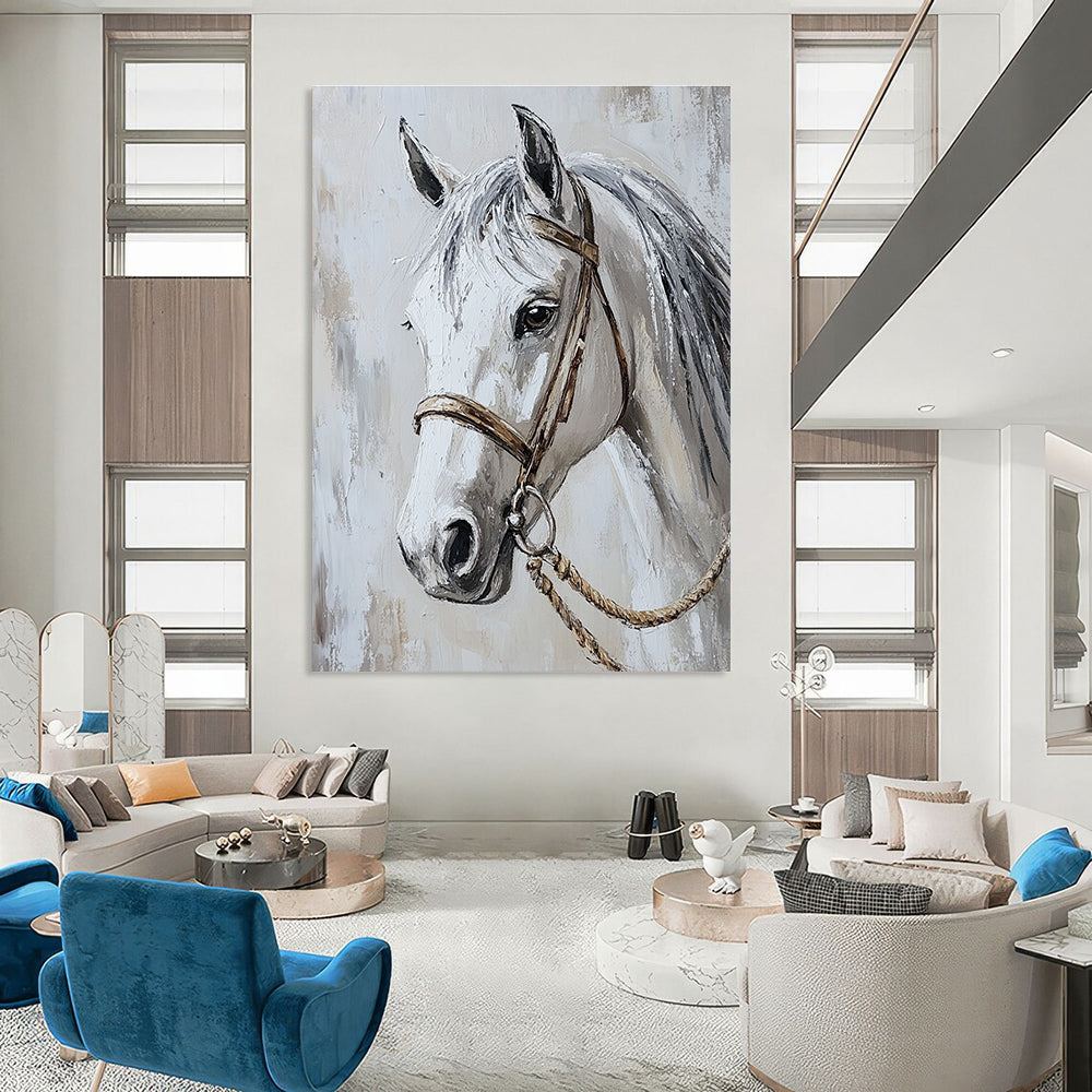 Abstract painting of a white horse's head capturing elegance with flowing grey mane and detailed halter in a luxurious light and shadow composition.STSC959