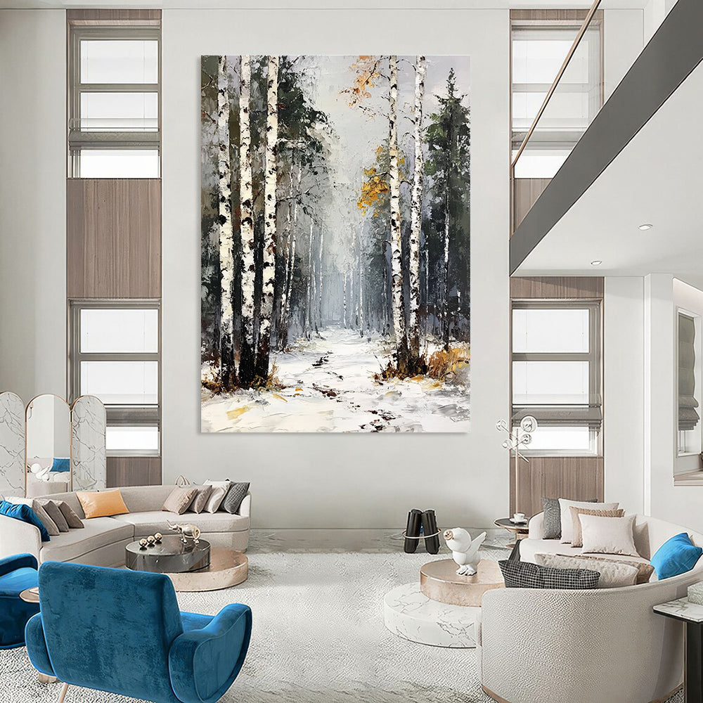 Large abstract painting of a birch forest with white trees green pines and yellow leaves under a gray sky with snow and frost on the ground.STSC1386