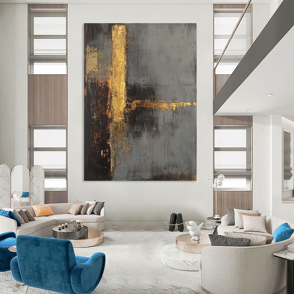 Large abstract painting in gray and gold tones with a textured background and a hint of a tower evoking mystery and calmness.STSC418