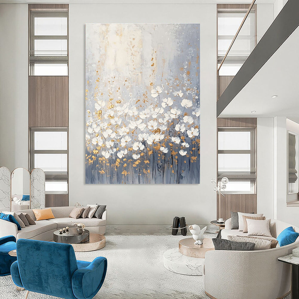 Large abstract painting of light gray and white wildflowers with muted colors and gold accents in a boho style.STSC318