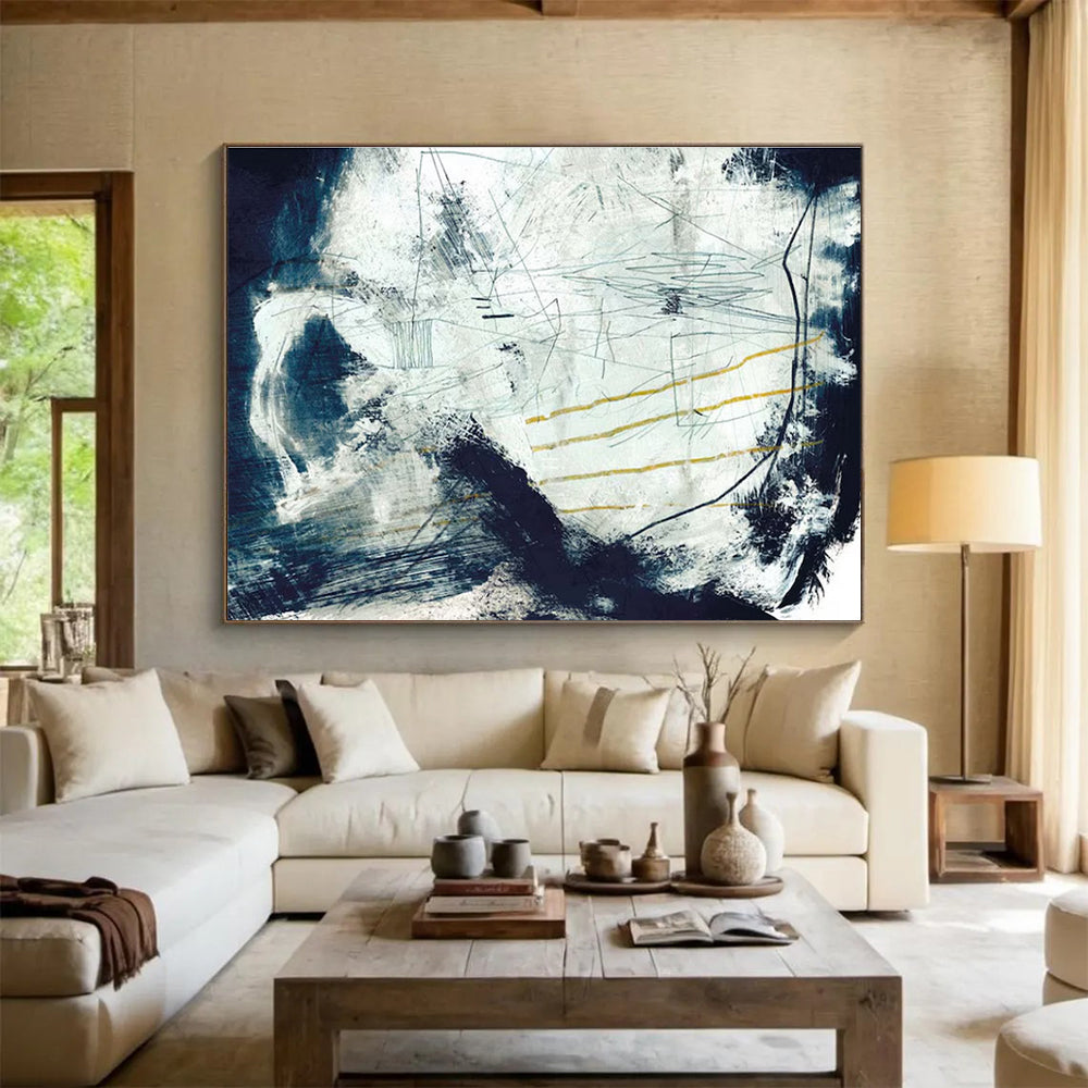 Blue and White Textured Abstract Painting with Yellow Accents THY141