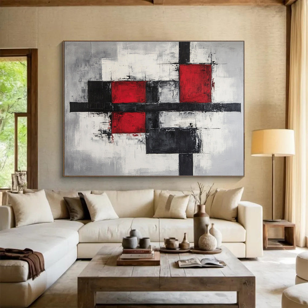 Large abstract painting features gray and red blocks with black lines on a gray background showcasing modern art style in high resolution.SC238