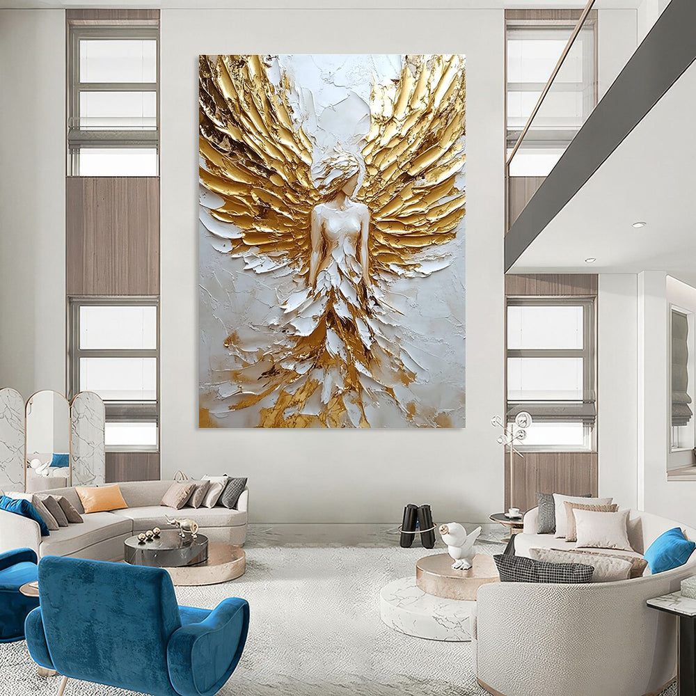 Large abstract painting of an angel with golden wings on textured canvas showcasing a white and gold color palette.STSC142