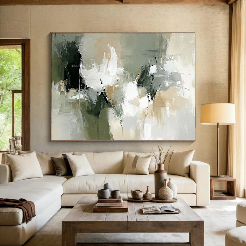 Large abstract painting in white, beige, and green with organic brush strokes and shapes, evoking a naturalistic style.SC219
