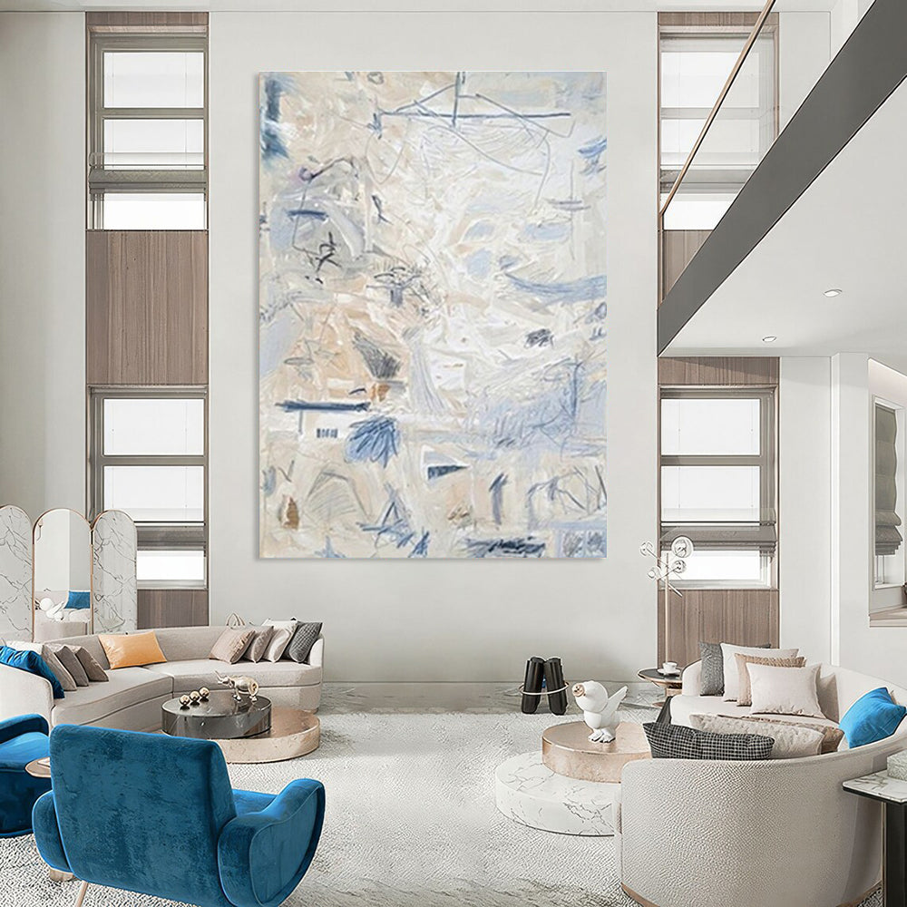 Light Beige and Blue Abstract Painting with Delicate Marks ADGE144