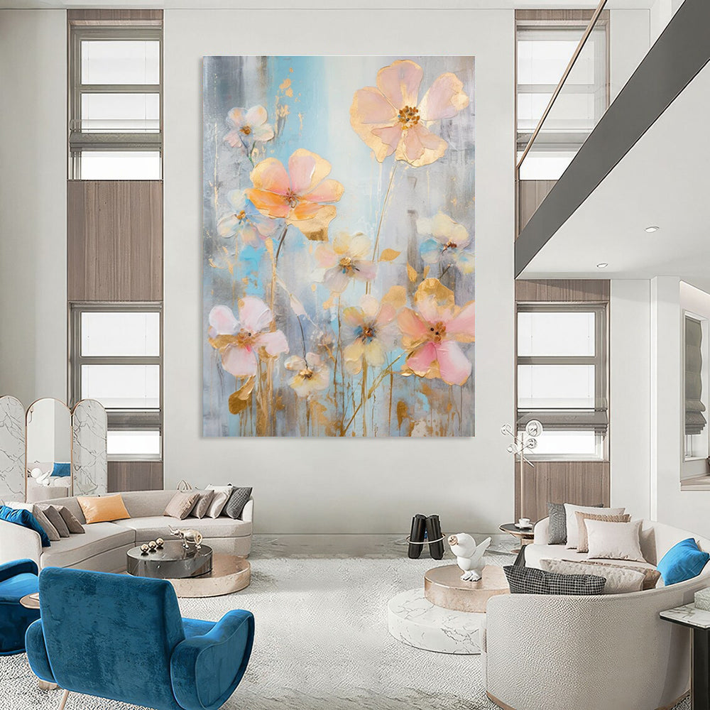 Gold - Accented Floral Abstract Painting with Soft Pastels ADGE431