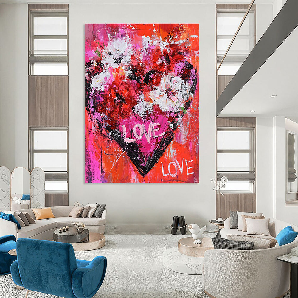 Large Abstract Painting of Flowers Forming a Heart in Bold Reds Pinks and Whites with Handwritten Love Text Symbolizing Passion and Romance.STSC680
