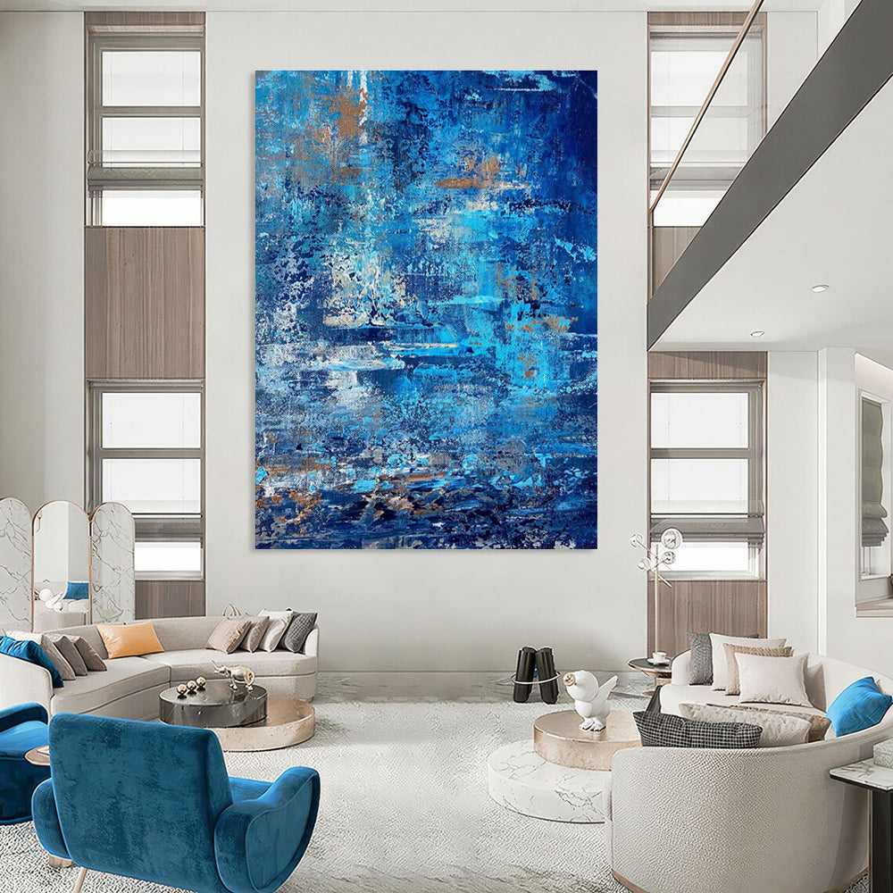 Blue - Gold Textured Abstract Painting with Layered Brushstrokes ADGE457