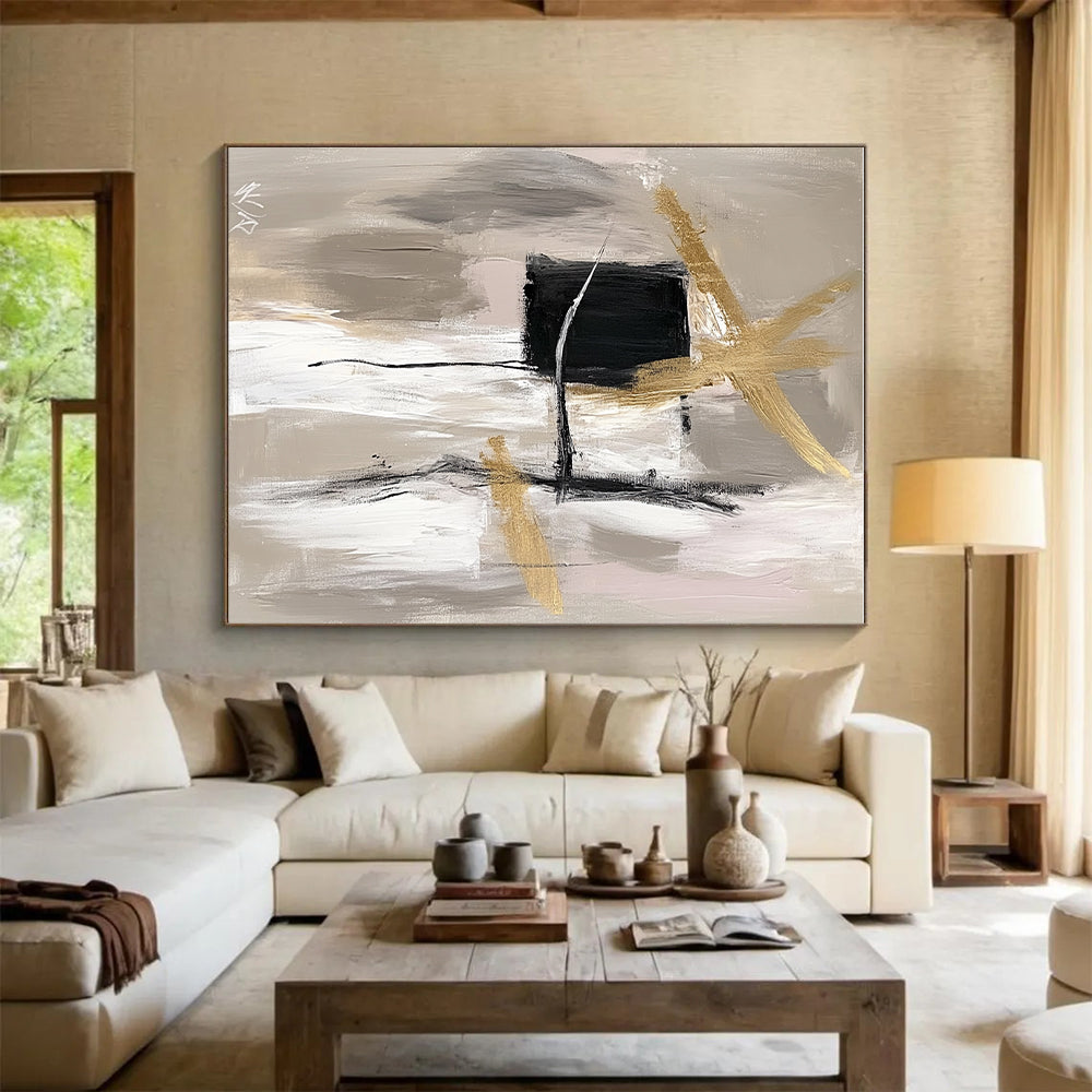 Gold Black and Gray Abstract Painting with Dynamic Strokes GER690