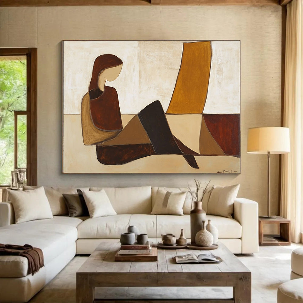 Large abstract painting featuring a woman on the floor in brown and beige hues with simple shapes inspired by Jean Fautrier.SC345