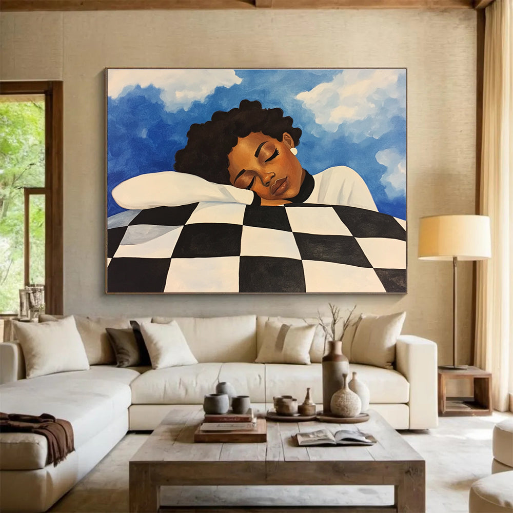 Dreamy Sleep Portrait Abstract Painting with Blue and Black White Tones DYP561