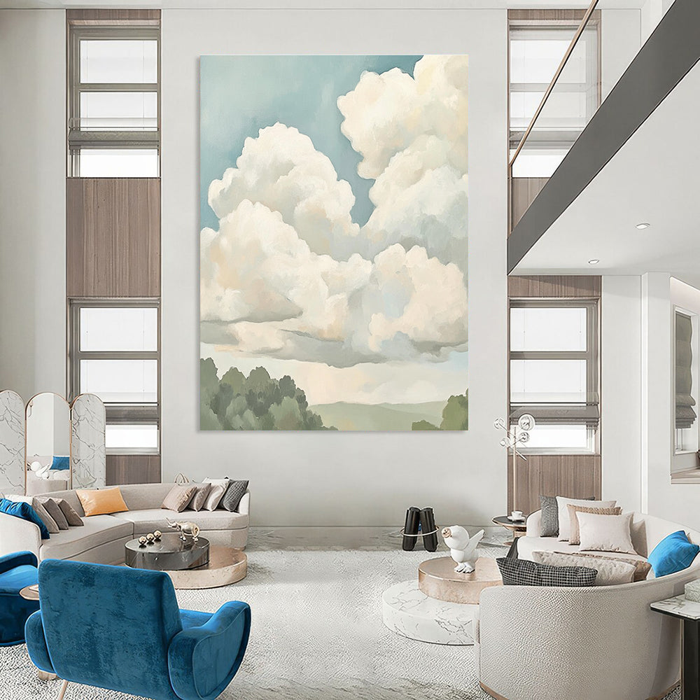 Large abstract painting featuring soft clouds in muted colors and neutral tones, creating a calming and serene atmosphere.STSC1395