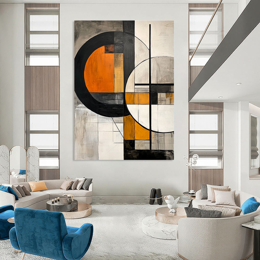 Large abstract painting featuring geometric shapes with orange interiors on a grey background accented by black lines and grey white elements.STSC222