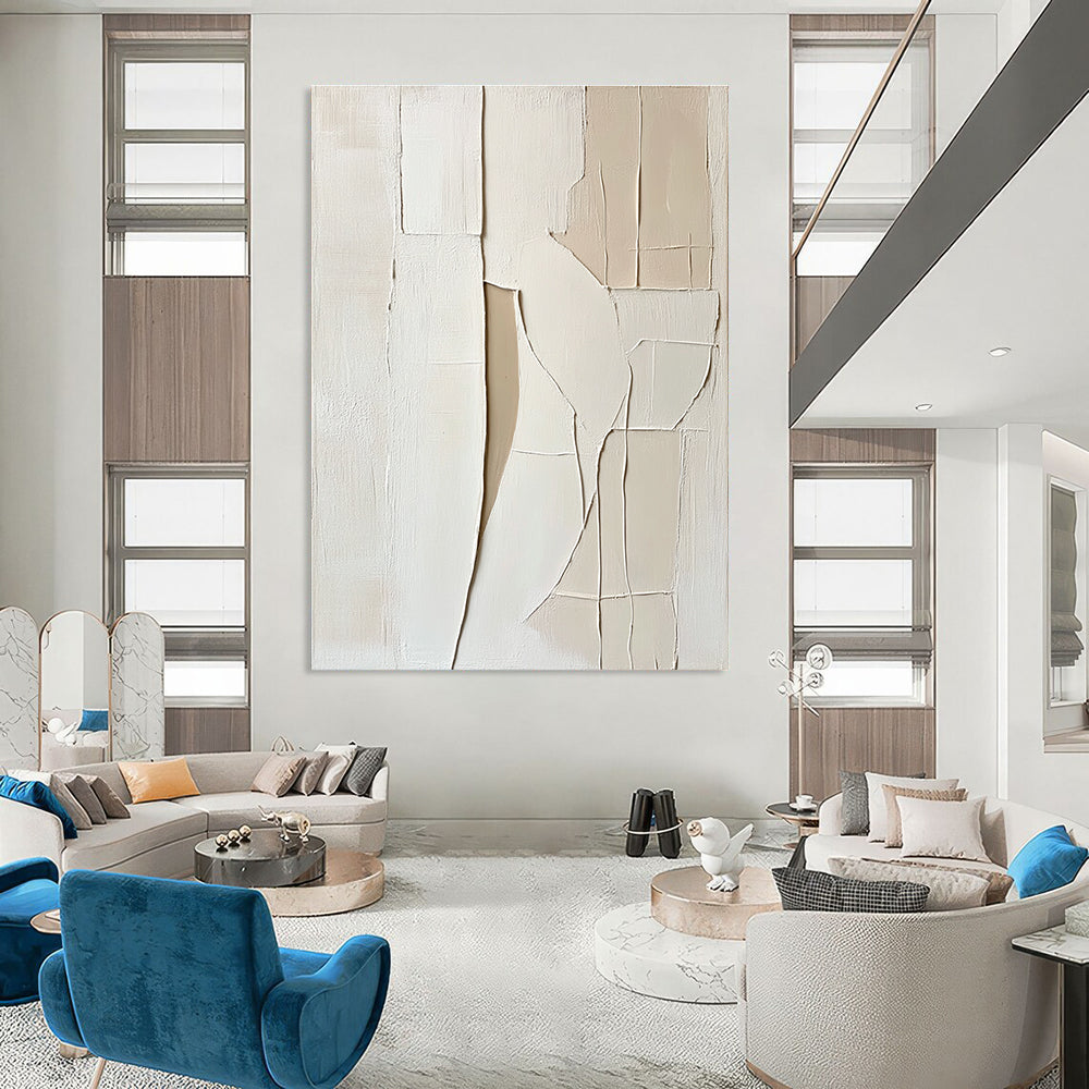 Large abstract painting featuring a woman's body with soft lines simple shapes and thick impasto texture in white and beige tones.STSC1467
