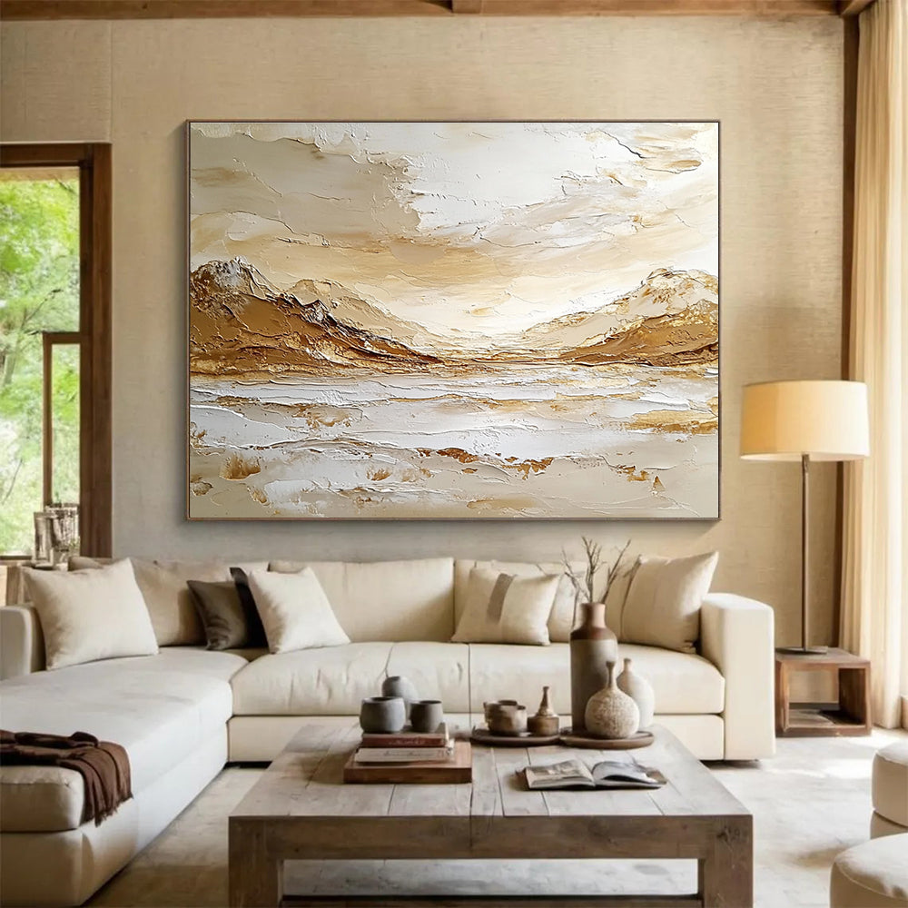 Large abstract painting depicting an Arctic landscape with mountains, sea waves, and sky in warm tones on textured canvas using impasto technique.SC621
