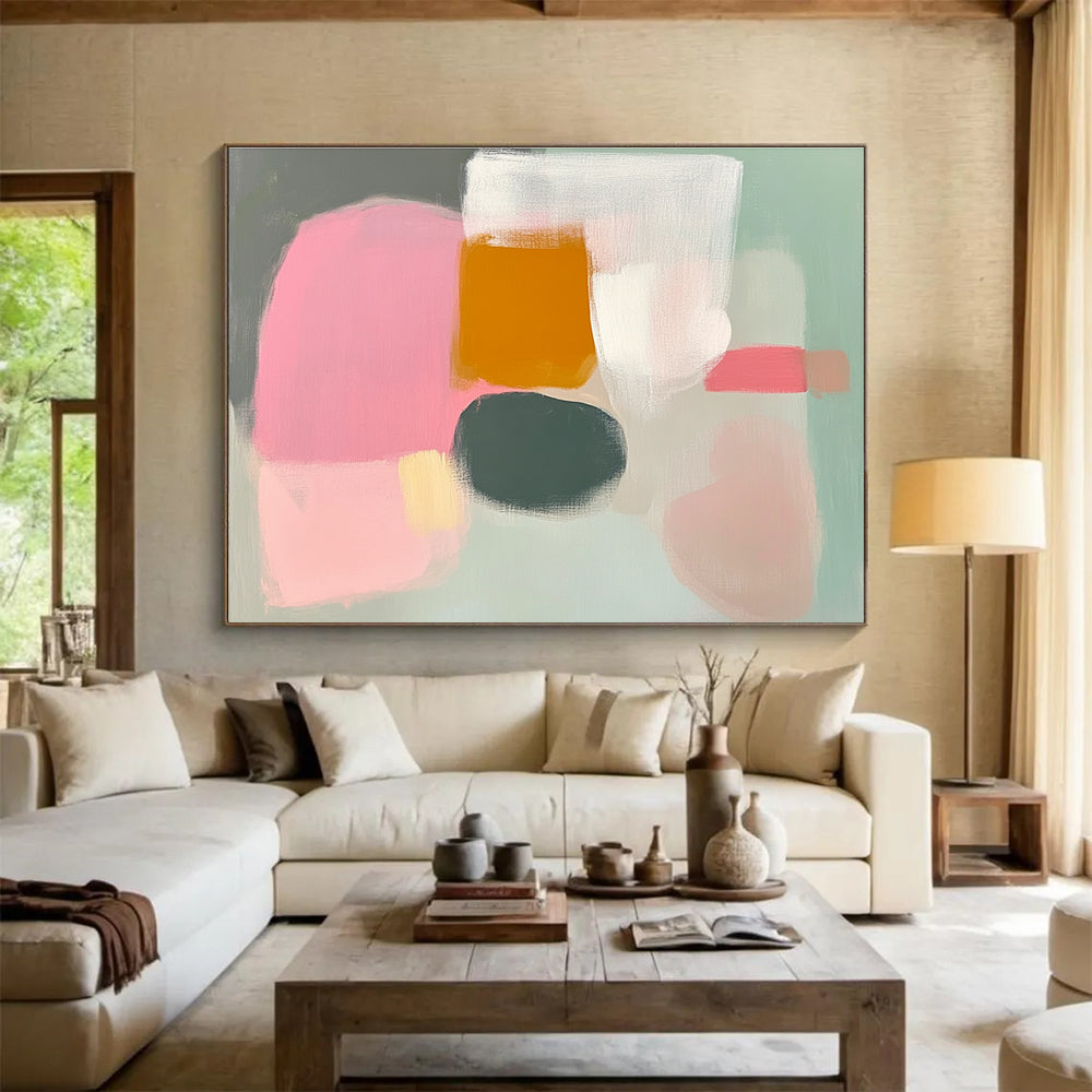 Large abstract painting in pink grey and white with loose brushwork soft pastels and negative space inspired by Etel Adnan.SC380