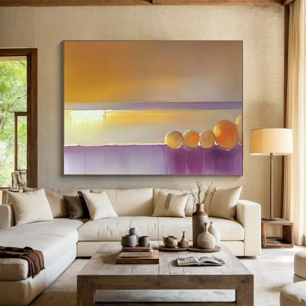 Large abstract painting of the sea featuring a muted horizon with warm yellow and orange light blending into beige and violet tones.SC202
