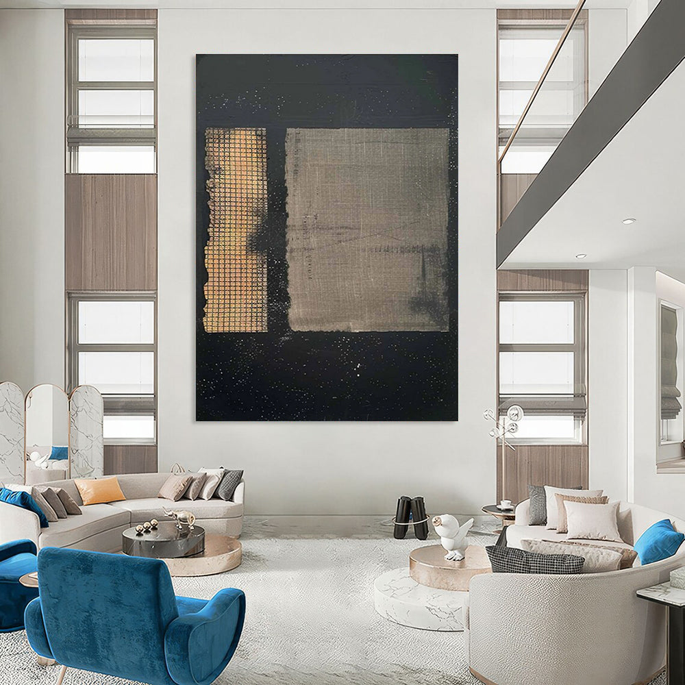 Black Abstract Painting with Dual Grid Patterns ADGE307