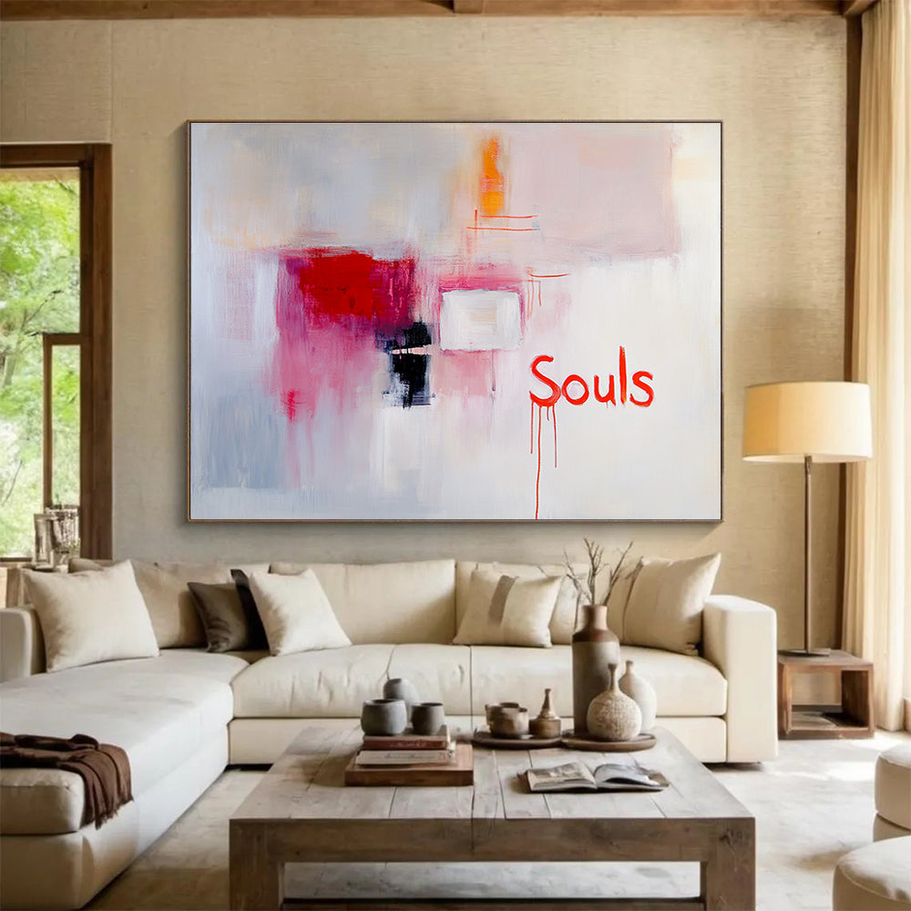 Pink and Red Abstract “Souls” Painting with Evocative Text DYP298