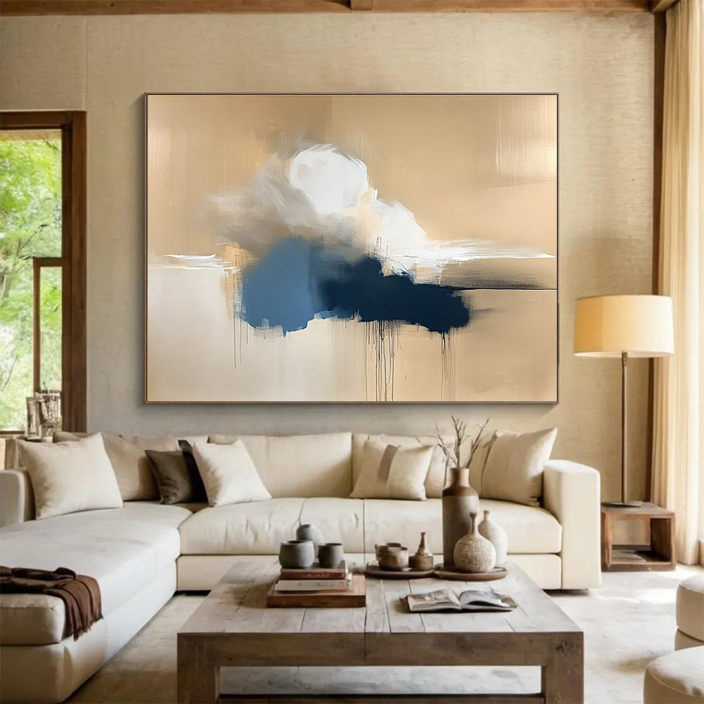 Gold and Blue Cloud Abstract Painting with Dripping Textures DYP319