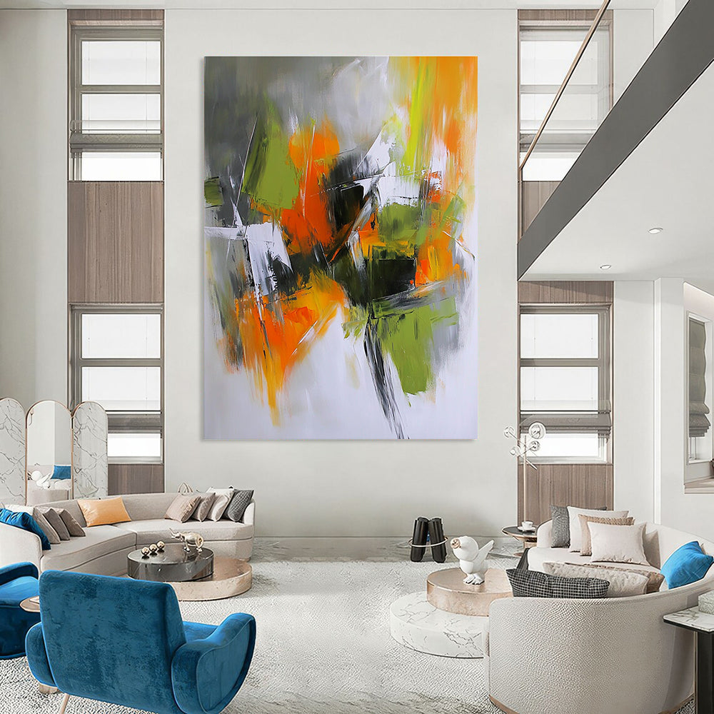 Large abstract painting in light gray dark orange and olive green capturing an autumn urban garden with dramatic shadows and energetic brush strokes.STSC769