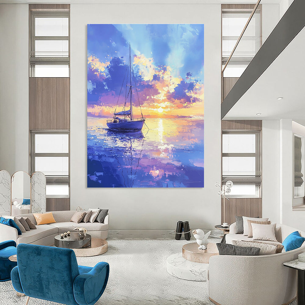 An abstract painting showcasing a beautiful sailboat on a calm sea with pastel hues under a gentle golden hour sky.STSC899