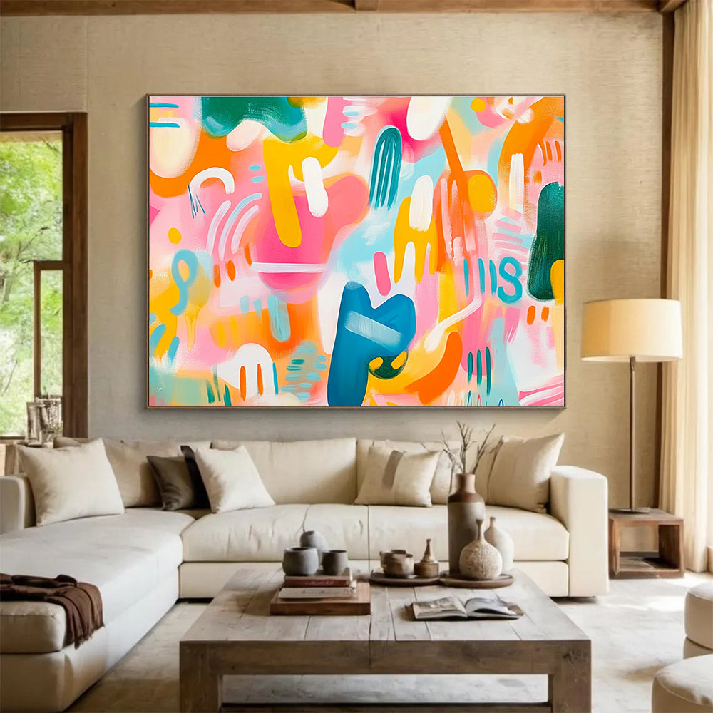 A vibrant abstract painting featuring playful shapes and colors in shades of pink orange and blue against a soft pastel background full of energy.SC483
