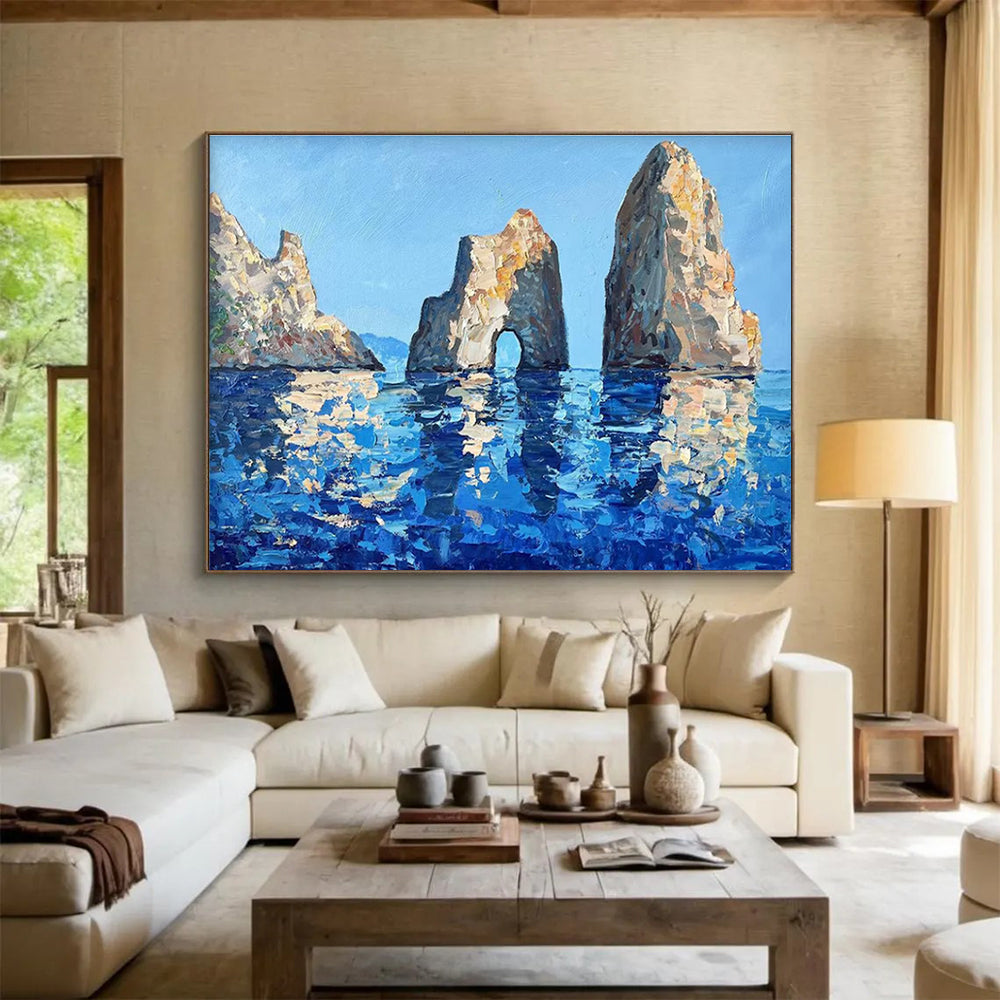 Blue Beige Sea Stack Rocks Abstract Painting THY478