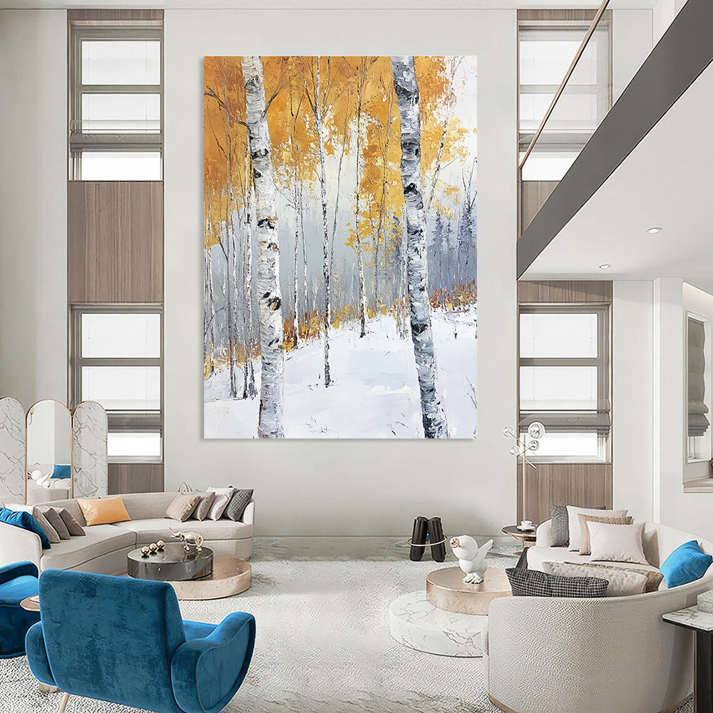 Large abstract painting of birch trees in late autumn with golden leaves against a cool gray background showcasing serene and powerful contrasts.STSC1123