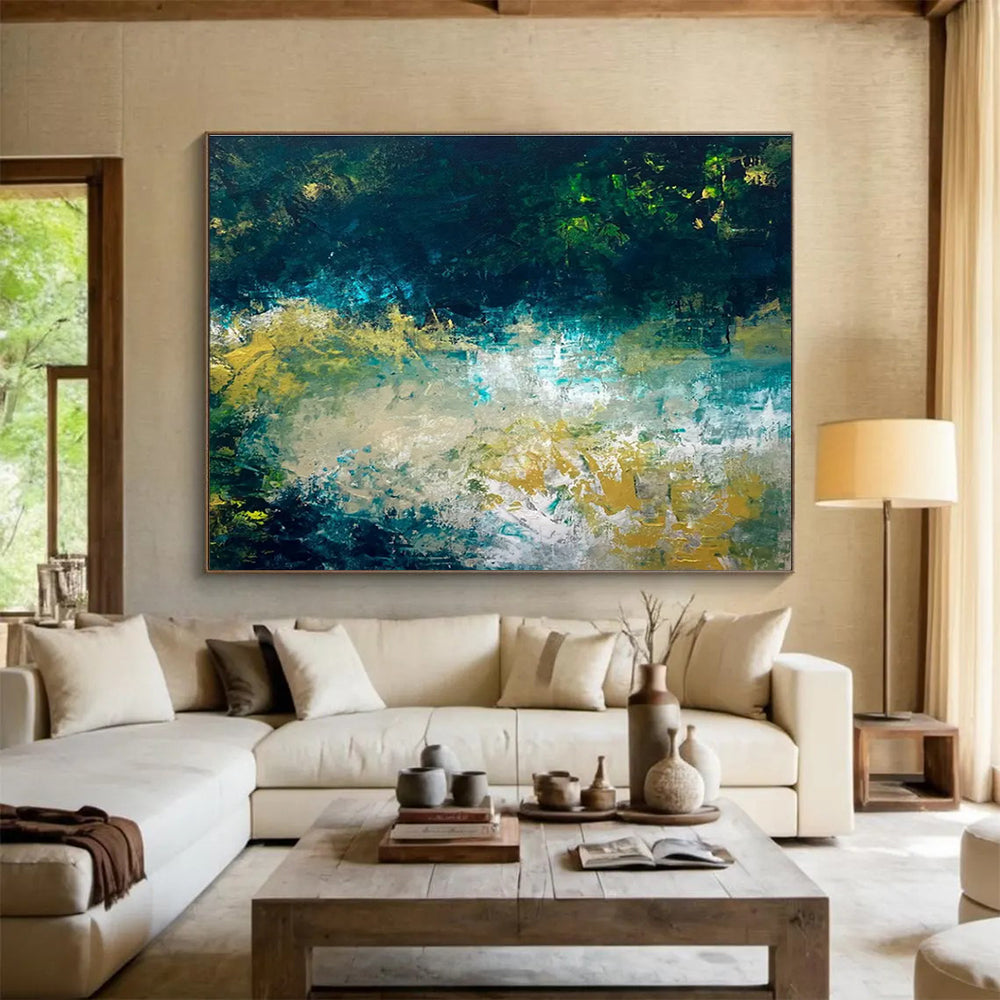 Teal Gold Abstract Painting with Dynamic Color Blends THY326