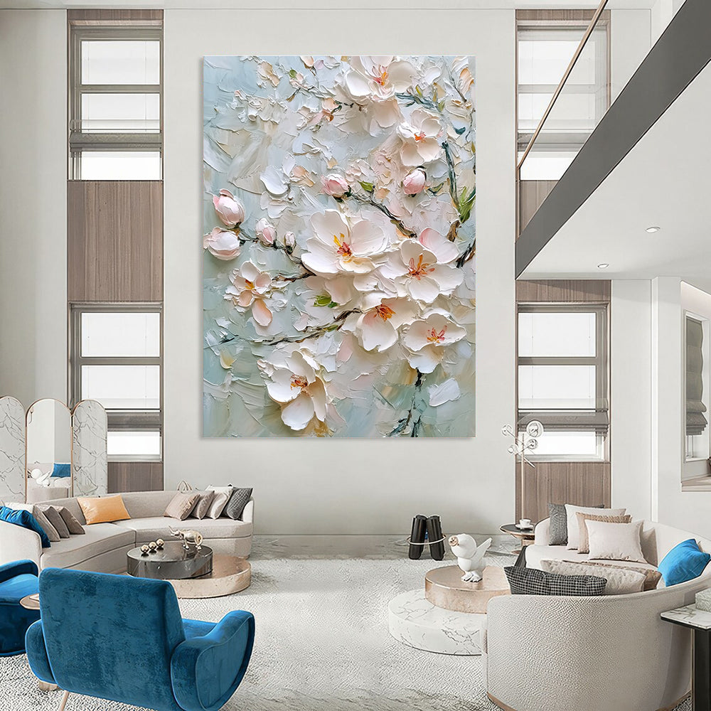 Large abstract painting of cherry blossoms in soft colors with intricate details and textural elements on a light gray background.STSC1364