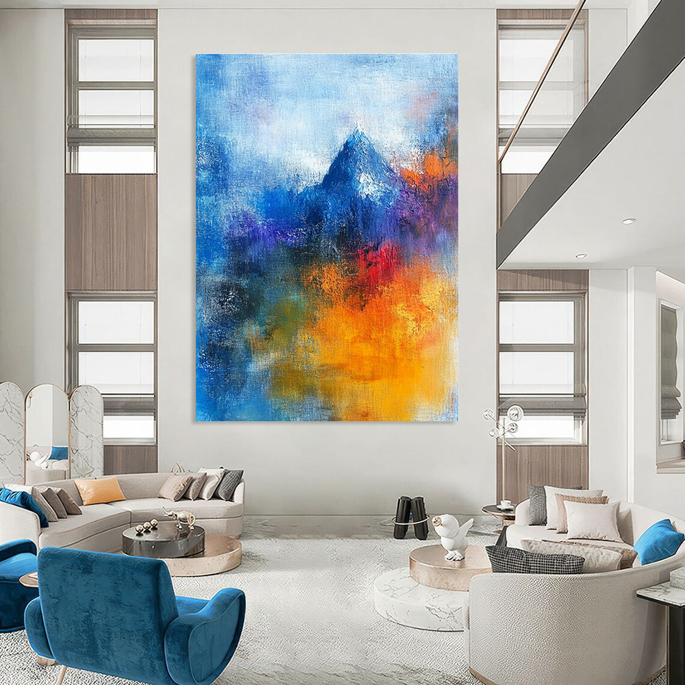 Abstract painting featuring a sacred mountain with vibrant blue and orange hues, human figures in prayer, and a blurred Christ figure, conveying deep spiritual themes.STSC249