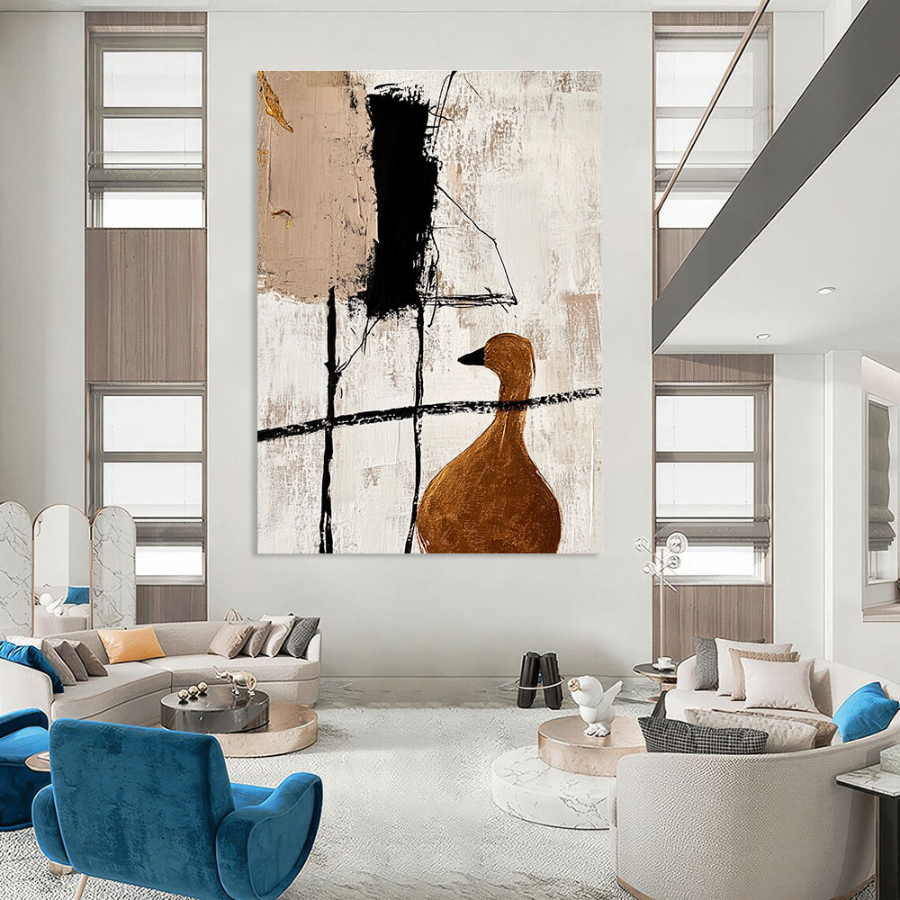 Large abstract painting featuring minimalist black lines and gold foil accents with a close-up of a golden goose in a beige color scheme.STSC466