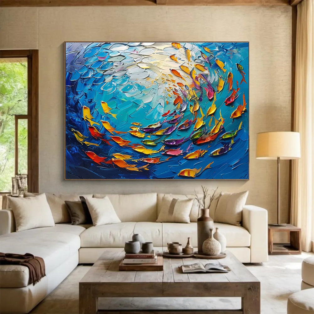 Colorful Fish School Abstract Painting with Blue, Yellow, and Colorful Fish THY199
